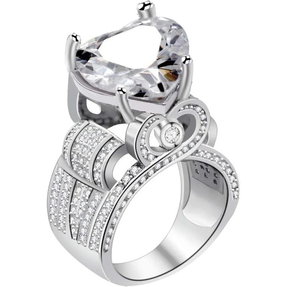 Platinum Plated Big Love Heart  Cubic Zirconia Wide Cluster Architecture Rings - Picture 4 of 7